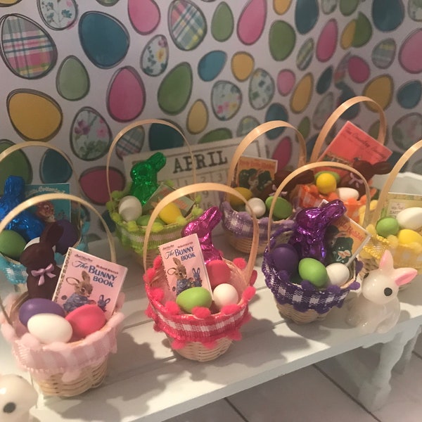 Miniature Easter Baskets, Dollhouse Easter Eggs, Food, Candy, 1:12, Mini Chocolate Bunny, Wood Bunny, Shadow Box, Diorama, Fairy Garden