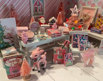 Miniature Pink Victorian Christmas, Mini Village, Dollhouse Decor, 1:12 Art, Gift Boxes, Santa, Trees, Gingerbread House, Cards, Reindeer
