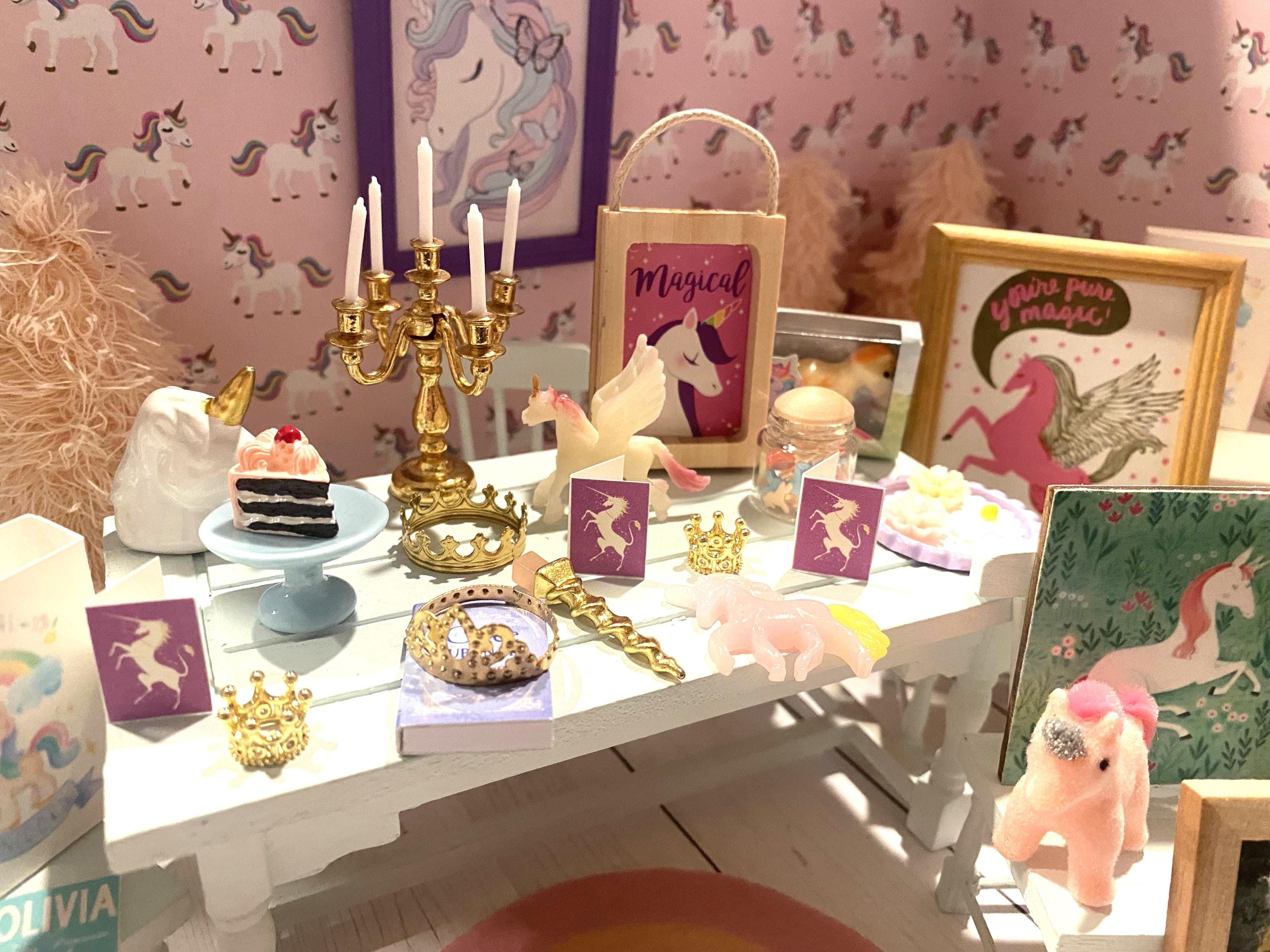 Miniature Princess, Unicorn, Pretty in Pink Accessories, Dollhouse Signs, Unicorn Figures, Crowns, Tiaras, Scepter, Micro Toys, Books, Rug