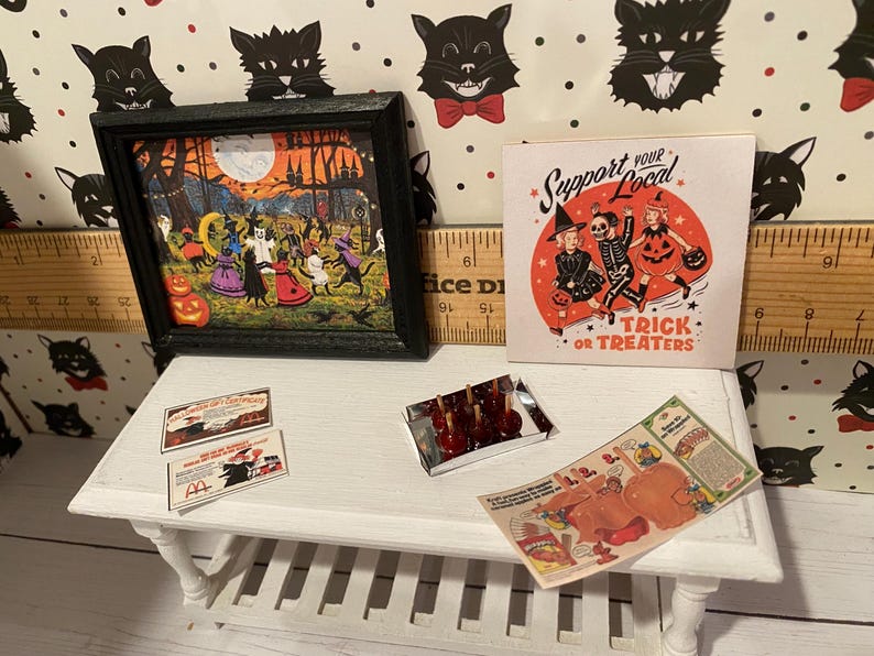 Cubos de calabaza en miniatura para Halloween, cubos para pedir dulces, platos para dulces de Halloween para casas de muñecas, cajas de dulces a escala 1:12, cuencos, bandeja para manzanas acarameladas imagen 6