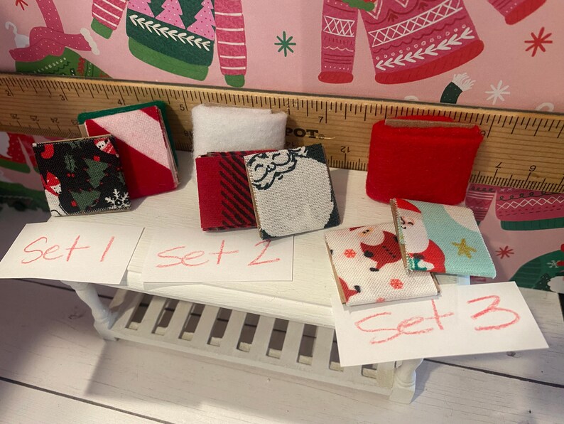 Miniature Christmas Craft Shop, Santa's Sewing, 1:12 Dollhouse Sewing Machine, Fabric, Patterns, Thread, Ribbons, Self Heal Mat, Idea Board image 3