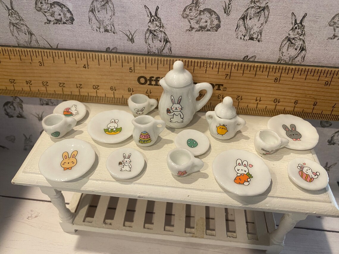 Miniature Easter Tea Party, Dollhouse Bunny Rabbit Tea Set, Easter ...