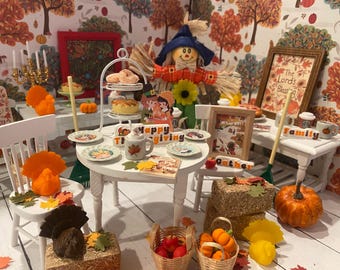 Miniature Fun in the Fall, Dollhouse Cozy Autumn Days, 1:12 Vintage Thanksgiving Plates, Rake & Leaves, Scarecrow, Haybale, Turkeys, Art