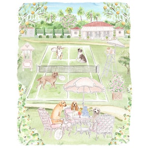 Nursery Art print Dogs playing Tennis // Jungle Print // Tropical print  // Kids Playroom // Pink Nursery art // Grandmillennial