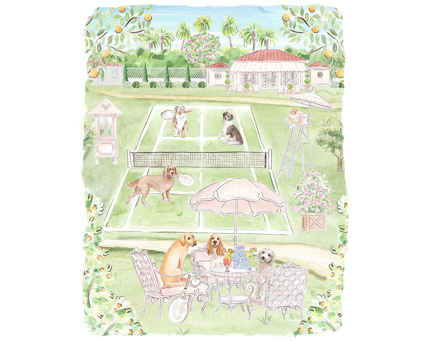 Nursery Art print Dogs playing Tennis // Jungle Print // Tropical print  // Kids Playroom // Pink Nursery art // Grandmillennial