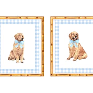 Two Art Prints Golden Retriever Labrador Puppy // Nursery // Bow // Grand millennial //Baby Boy // Baby Shower // Nursery Decor // gingham