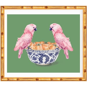 Art print Chinoiserie Cockatoos with Blue and White Ginger Jar and Persimmons