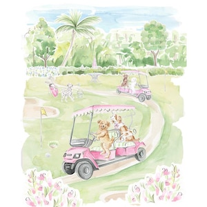 May include: Watercolor painting of dogs riding in pink golf carts on a green golf course.  The scene includes palm trees, flowers, and other landscaping.  Dogs are various breeds and colors.  One golf cart has three dogs, another has two.  The overall style is whimsical and lighthearted, suitable for a children's product or a pet-themed design.