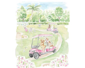Nursery Art print Dogs playing golf // Jungle Print // Tropical print // Kids room // Nursery art