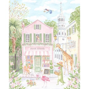 Charleston Bookstore Nursery Art Print | Pink Southern Watercolor | Grandmillennial Girl Room Decor | Heirloom Art Bild 2