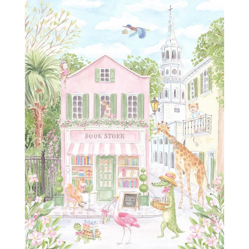 Charleston Bookstore Nursery Art Print | Pink Southern Watercolor | Grandmillennial Girl Room Decor | Heirloom Art Bild 2