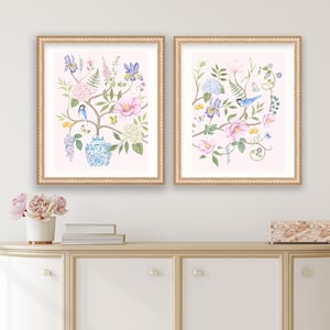 Set of Two Art Prints Chinoiserie Flowers with Birds and Butterflies // Nursery Decor // Girls Room // English Garden // Grand Millennial
