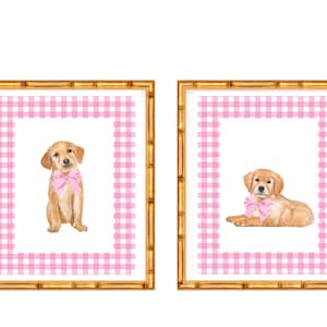 Set of 2 Golden Retriever Puppy Nursery Prints Prints // Grand Millenniall // Gingham // Baby Shower // Baby Girl