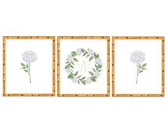 Three Art Prints Baby Monogram Crest with Hydrangeas // Nursery Decor // Hydrangea // Watercolor // Grand millennial // Coastal