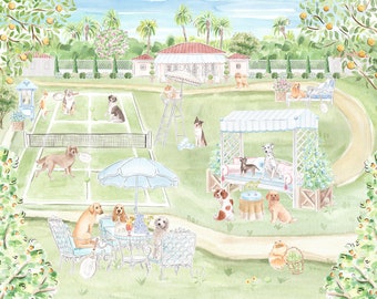 Nursery Art print Dogs playing Tennis // Jungle Print // Tropical print  // Kids Playroom // Blue Nursery art // Grandmillennial