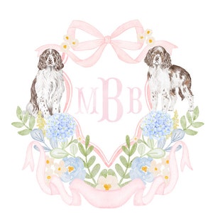 Baby Floral English Springer Spaniel Semi Custom Crest Art Print // monogram // initials // bow // girl // nursery // watercolor