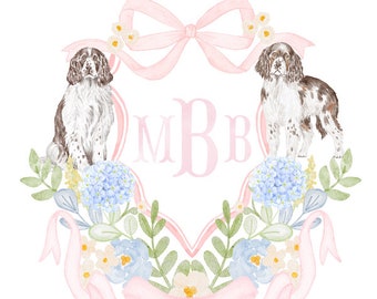 Baby Floral English Springer Spaniel Semi Custom Crest Art Print // monogram // initials // bow // girl // nursery // watercolor