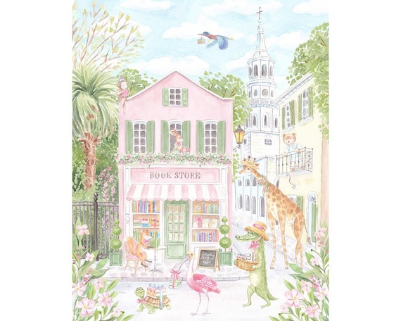 Charleston Bookstore Nursery Art Print | Pink Southern  Watercolor | Grandmillennial Girl Room Decor | Heirloom Art