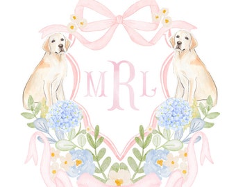 Baby Floral Puppy Custom Crest Art Print // monogram // initials // bow // girl // nursery // watercolor