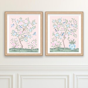 Set of Two Art Prints Chinoiserie Flowers with Birds and Butterflies // Nursery Decor // Girls Room // Asian Peony // Grand Millennial