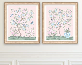 Chinoiserie Art Prints (Set of 2): Floral Bird Nursery Decor