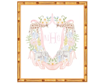 Baby Floral Safari Animals Semi Custom Crest Art Print // monogram // initials // girl // nursery // watercolor // giraffe // elephant