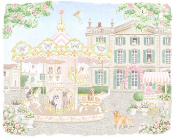 Nursery Art print Parisian Carousel with Preppy Dogs // Grand Millennial // Kids room // Nursery art // Girl Playroom // Puppy watercolor