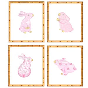Four Art Prints  Ceramic Bunnies // Nursery Decor// Girls Room // Pink Art // Grand millennial // Preppy
