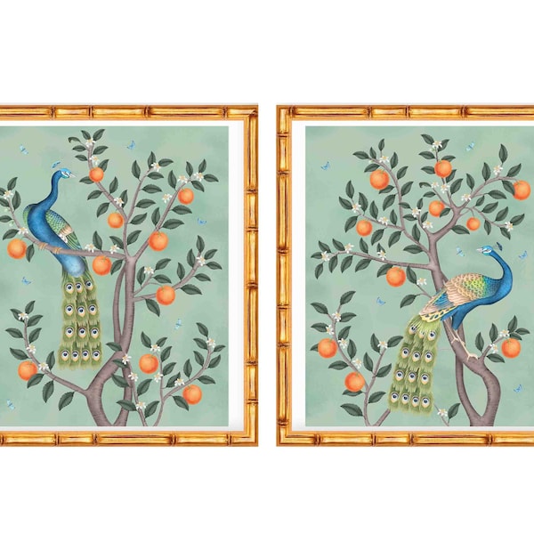 Set of Two Art Prints Chinoiserie Peacocks and Oranges// Nursery Decor // Girls Room // Asian Peony // Grand Millennial