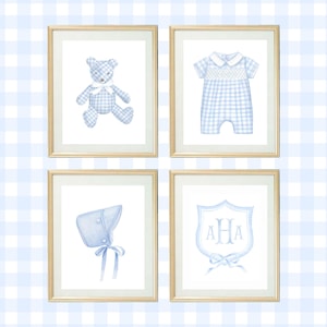 Four Art Prints  Baby Girl Crest, Traditional Dress and Bonnet // Nursery Decor// Boys Room // Gingham Art // Grand millennial // Preppy