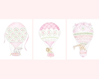 Three Art Prints Giraffe, Lion and Elephant in Hot Air Balloons // Nursery Decor // Hydrangea // Watercolor // Grand millennial // Preppy