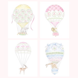 Art Prints Giraffe, Lion and Elephant in Hot Air Balloons // Nursery Decor // Hydrangea // Watercolor // Grand millennial // Preppy