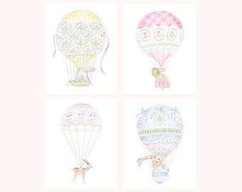Art Prints Giraffe, Lion and Elephant in Hot Air Balloons // Nursery Decor // Hydrangea // Watercolor // Grand millennial // Preppy
