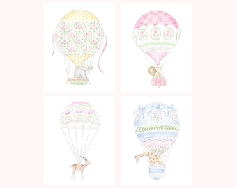 Art Prints Giraffe, Lion and Elephant in Hot Air Balloons // Nursery Decor // Hydrangea // Watercolor // Grand millennial // Preppy