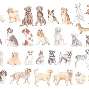 May include: Watercolor painting of various dog breeds, including a Dalmatian, a poodle, a dachshund, a golden retriever, a chihuahua, a schnauzer, a cocker spaniel, a labrador, a border collie, a pug, a corgi, a cavalier king charles spaniel, a french bulldog, a sheepdog, a terrier, and a pom. The dogs are all depicted in a sitting or standing position, with their fur painted in a variety of colors.