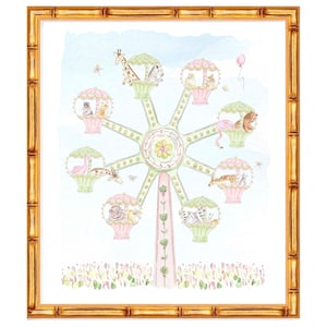 May include: A watercolor illustration of a pink and green Ferris wheel with various animals riding in the gondolas. The Ferris wheel is set against a light blue sky with a pink balloon floating in the background.