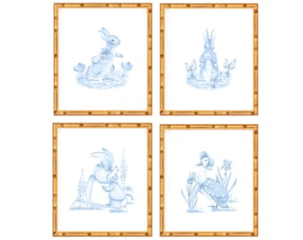 Four Art Prints Peter Rabbit and Friends // Nursery // Toile Prints //  Grand millennial // Preppy // Bunny