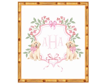 Baby Floral Crest with Golden Retriever Art Print // monogram // initials // bow// girl // nursery // painting
