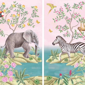 Set of 2 Art Prints Tropical Chinoiserie with Elephant and Zebra // Nursery Decor // Grand millennial // Coastal // Pink Art