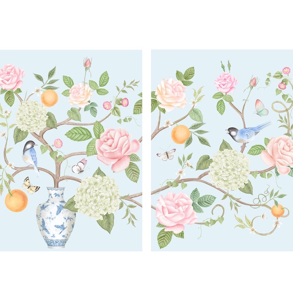 Set of Two Art Prints Chinoiserie Flowers with Birds and Butterflies // Nursery Decor // Girls Room // English Garden // Grand Millennial