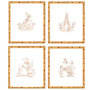 Four Art Prints Baby Rabbit and Friends // Nursery // Toile Prints //  Grand millennial // Preppy