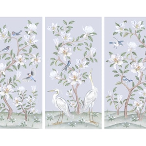 Set of 3 Art Prints Chinoiserie with White Storks and Magnolias // Nursery Decor // Grand millennial // Coastal // Pink Art // Traditional