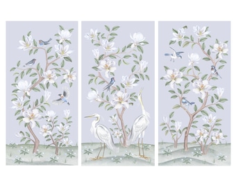Chinoiserie Art Prints Set: White Storks and Magnolias, Coastal Nursery Decor