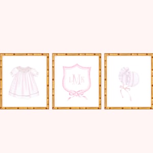 Four Art Prints  Baby Girl Crest, Traditional Dress and Bonnet // Nursery Decor// Girls Room // Pink Art // Grand millennial // Preppy
