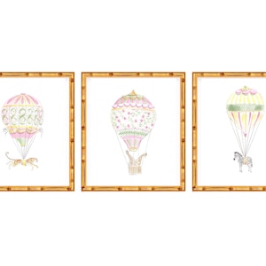 Three Art Prints Giraffe,Leopard and Zebra in Hot Air Balloons // Nursery Decor // Hydrangea // Watercolor // Grand millennial // Preppy