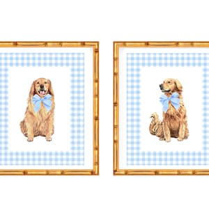 Two Art Prints Golden Retriever Labrador Puppy // Nursery // Bow // Grand millennial //Baby Boy // Baby Shower // Nursery Decor // gingham