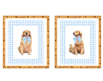 Two Art Prints Golden Retriever Labrador Puppy // Nursery // Bow // Grand millennial //Baby Boy // Baby Shower // Nursery Decor // gingham