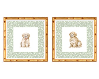 Two Art Prints Golden Retriever Labrador Puppy // Nursery // Bow // Grand millennial // Baby Shower // Nursery Decor