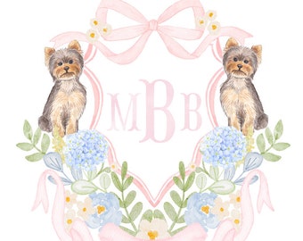 Baby Floral Puppy Custom Crest Art Print // monogram // initials // bow // girl // nursery // watercolor