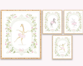 Juego de 4 láminas artísticas de animales de safari de ballet, decoración infantil para niña Grandmillennial
